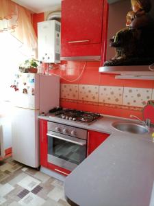 una cucina con armadi rossi, piano cottura e lavandino di Апартаменти в центрі міста a Kam"janec'-Podil's'kyj