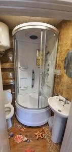 a bathroom with a shower and a toilet and a sink at Šarlotos apartamentai in Klaipėda +21 photos