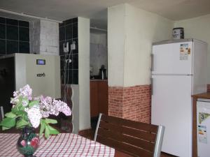 eine Küche mit einem Tisch mit einer Vase aus Blumen und einem Kühlschrank in der Unterkunft Török Kulcsosház in Băile Homorod