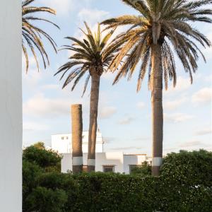 two palm trees in front of a factory at Villa delle Palme in Santa Marinella