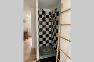 a hallway with a black and white checkered wall at chez LULU appartement neuf au coeur de cozzano in Cozzano +13 photos