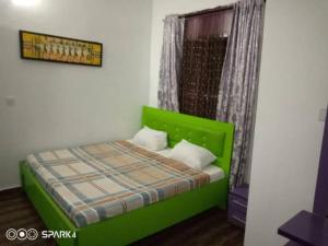 ein grünes Bett in einem Zimmer mit Fenster in der Unterkunft executive 4bedrooms house in Lagos Nigeria in Lekki