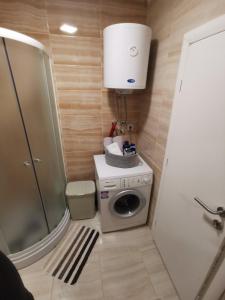 een kleine badkamer met een wasmachine en een douche bij S&D Apartman in Lukavica