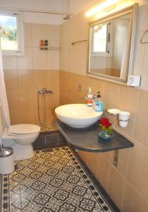 een badkamer met een wastafel, een toilet en een spiegel bij Holiday House Angelos C on Agios Gordios Beach in Agios Gordios