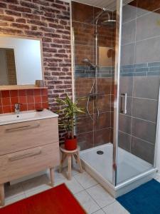 ein Bad mit einer Dusche mit einer Pflanze in der Unterkunft Merlettes des Sables in Yves