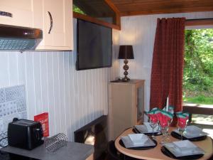 una mesa en una cocina con TV en la pared en Honeysuckle Lodge set in a Beautiful 24 acre Woodland Holiday Park, en Newcastle Emlyn