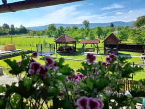 a view of a park with a playground and gazebo at Pensiune Restaurant la Pogace in Săpânța
