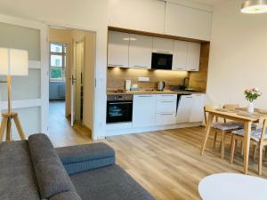 a kitchen and living room with a couch and a table at Residence Kotel in Rokytnice nad Jizerou