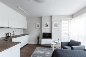 uma cozinha e sala de estar com armários brancos em Studio Ligita near Egle em Druskininkai