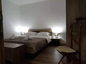 a bedroom with a large bed with two lights on it at Dany Apartments in Gevgelija