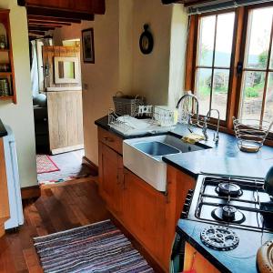 uma cozinha com um lavatório e um fogão em Eco Cottage Joe the Buck em Craven Arms