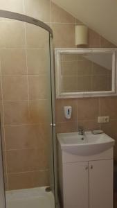 uma casa de banho com um chuveiro e um lavatório. em Meldynas em Vabalninkas