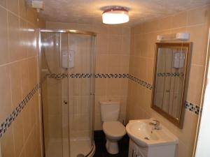 a bathroom with a shower and a toilet and a sink at 2 berth ground floor flat Apsley 2 in Great Yarmouth