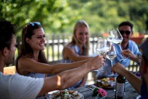 eine Gruppe von Menschen, die an einem Tisch mit Weingläsern sitzen in der Unterkunft Gästezimmer & Buschenschank mit Weingut Hack-Gebell in Gamlitz