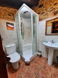 uma casa de banho com um chuveiro, um WC e um lavatório. em Casa Viduedo em Santa Eulália de Oscos