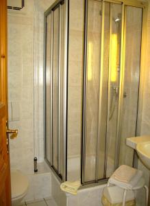 ein Bad mit einer Dusche, einem WC und einem Waschbecken in der Unterkunft Landhotel Goldener Becher in Limbach - Oberfrohna