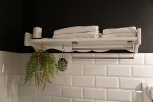 a bathroom with a shelf with towels and a plant at Apartamento Acogedor en la Coruña in A Coruña