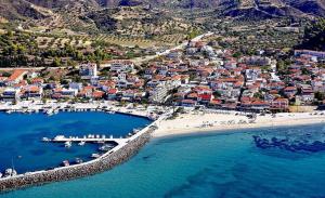 una vista aerea di una spiaggia con barche in acqua di Galini Sea View Apartments Chalkidiki a Nea Skioni