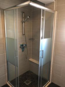 een douchecabine met een glazen deur in de badkamer bij Dalmatia Apartments in Podstrana