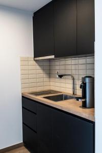 a kitchen with black cabinets and a sink at Guesthouse Max in Burcht