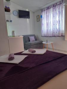 a living room with two meditation mats on the floor at Sobe Stanković in Podaca