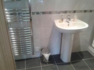 a bathroom with a sink and a shower at Manor Garden Lodge in Wirral