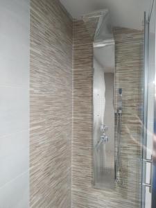prysznic ze szklanymi drzwiami w łazience w obiekcie Edificio Valles del Lúpulo (DUPLEX) w mieście Astorga