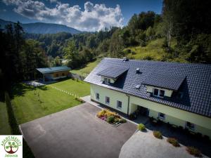 an aerial view of a house with a roof at Apartments and Wellness Jelovca in Radovljica