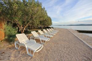 rząd białych krzeseł siedzących na plaży w obiekcie APARTMANI GORDANA w Bibinje