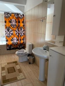 a bathroom with a sink and a toilet and a shower curtain at Villa Georgia in Pitsidia