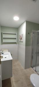 Un baño con ducha, lavabo e inodoro. en Casa Tío Luis, en Santa Cruz de la Palma
