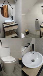 three pictures of a bathroom with a toilet and a sink at Cases Rurals El Castell in Torres-Torres