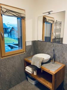 a bathroom with a sink and a mirror at Chalet Nicolin in Livigno