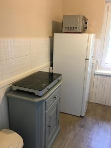 cocina con nevera blanca y microondas en Nefelejcs Apartman, en Balatonvilágos