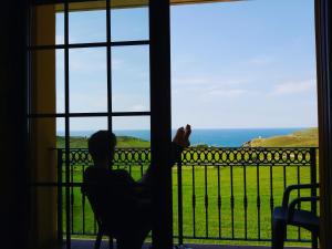 APARTAMENTOS EL SOLO في سانتيانا ديل مار: شخص يجلس على كرسي وينظر من النافذة