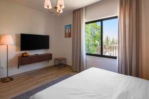 Schlafzimmer mit einem Bett und einem Flachbild-TV in der Unterkunft Canary Boutique Hotel in Amman