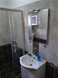La salle de bains est pourvue d'un lavabo et d'une douche avec un miroir. dans l'établissement Holiday house "Uvala Jaz - Telašćica", à Sali