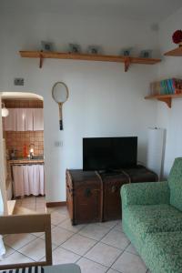 uma sala de estar com um sofá e uma televisão de ecrã plano em Mini appartamento "Il Nido del Picchio" em Ascoli Piceno