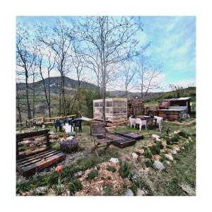 a garden with benches and flowers in a field at BorgoGuerzano77 in Camugnano +36 photos