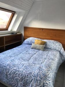 a bedroom with a blue and white bed with a window at LAS LEÑAS - ATENAS - 5 Personas in Las Lenas