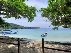 un grupo de barcos en el agua en una playa en Hostal Hilltop Sapzurro en Zapzurro