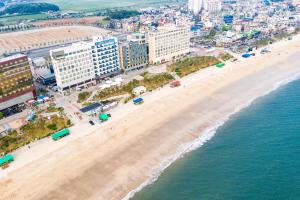 an aerial view of a beach with buildings and the ocean at Merrymud Hotel in Boryeong