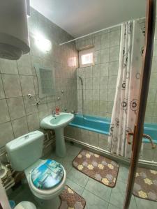 a bathroom with a toilet and a sink and a tub at Apartament Sira in Sulina