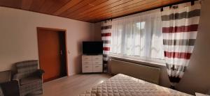 een slaapkamer met een bed, een raam en een televisie bij Ferienwohnung Lewitztor in Plate