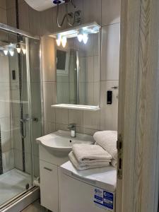 a bathroom with a shower and a sink and a mirror at Apartments MM in Sveti Stefan
