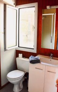 a bathroom with a toilet and a sink and two windows at Résidence L'araguina in Bonifacio