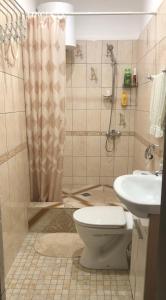 een badkamer met een douche, een toilet en een wastafel bij Pod evkaliptom Apartment in Gagra
