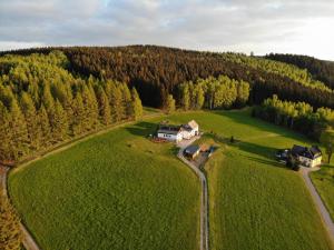 een luchtzicht op een huis op een groen veld bij Brandthausen - Ferienwohnungen Familie Brandt in Heidersdorf