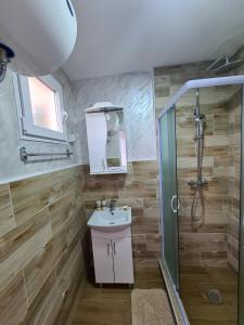 La salle de bains est pourvue d'un lavabo et d'une douche. dans l'établissement Apartmani Kuljanin, à Donji Milanovac