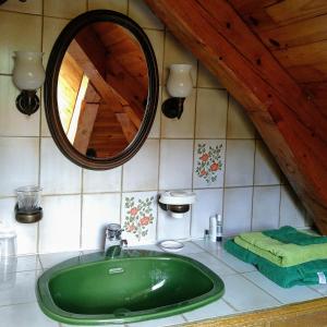 baño con lavabo verde y espejo en Gite La Coustourelle - Appartement T4 en coeur de village, en Le Chambon-sur-Lignon